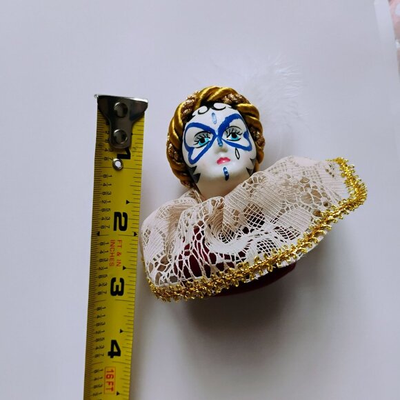 Vintage Porcelain Pierrot Head Ornament, Harlequin Clown Doll Pin Cushion, Lace - Picture 2 of 12